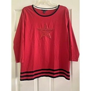 Tommy Hilfiger Red Shirt Top Women's XL Sequin Star 3/4 Sleeves 100% Cotton